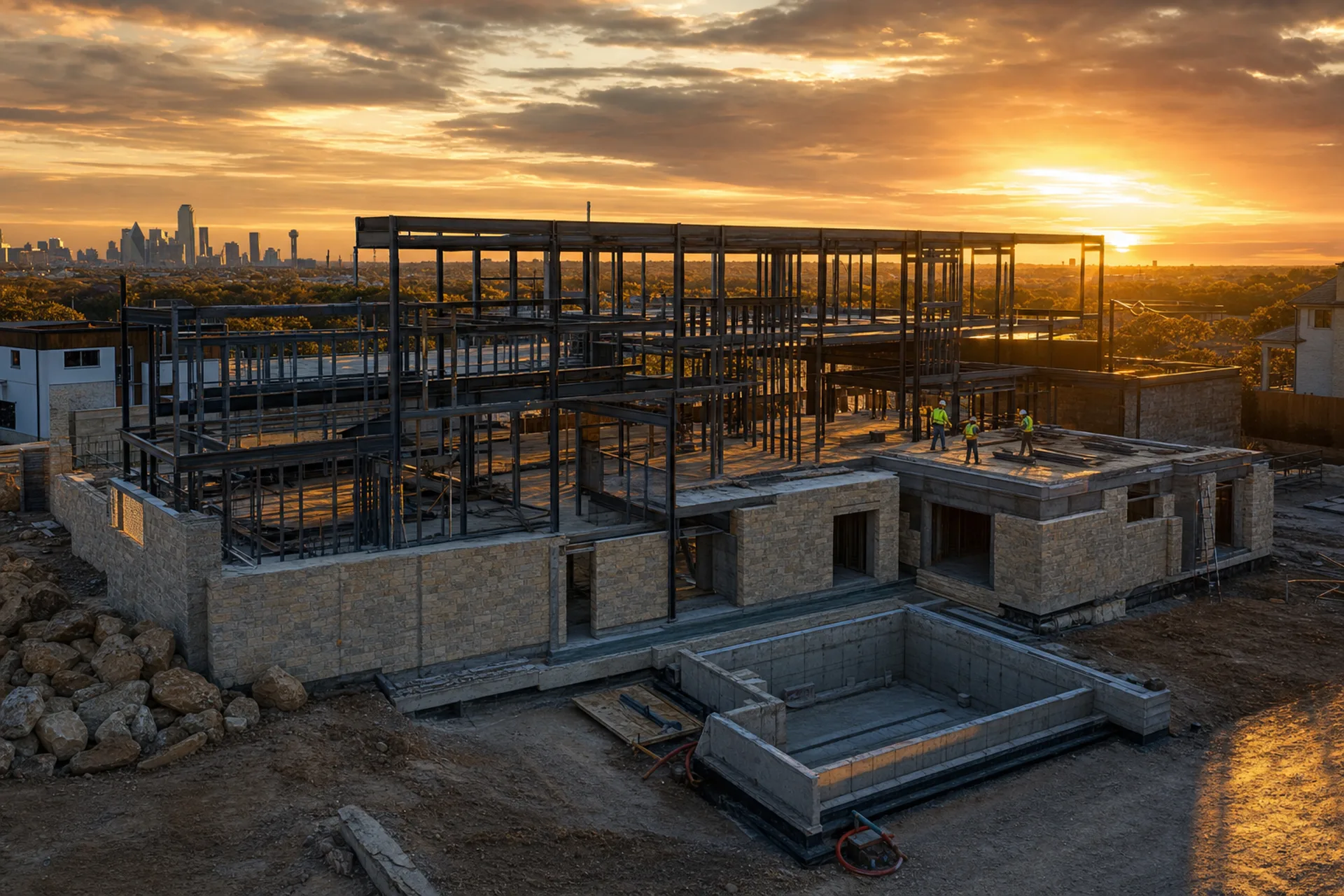 Pro-Fix Construction job site in Edmond, Oklahoma at golden hour