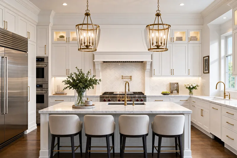 Luxury kitchen renovation with marble countertops and brass fixtures