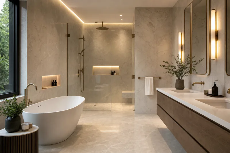 Spa-like luxury master bathroom with freestanding tub